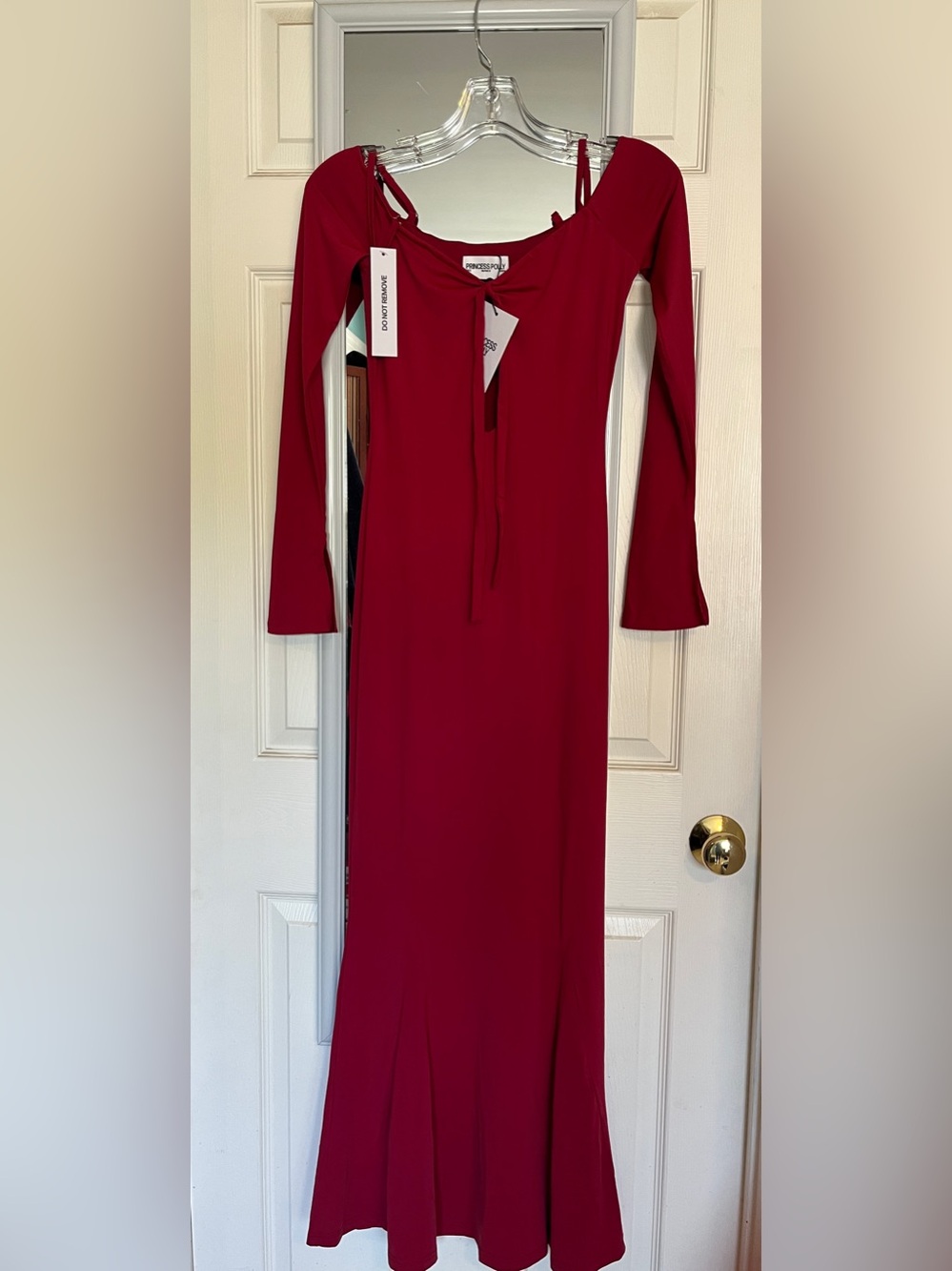 Princess Polly Burgundy Long Sleeve Tie-Neck Maxi Dress